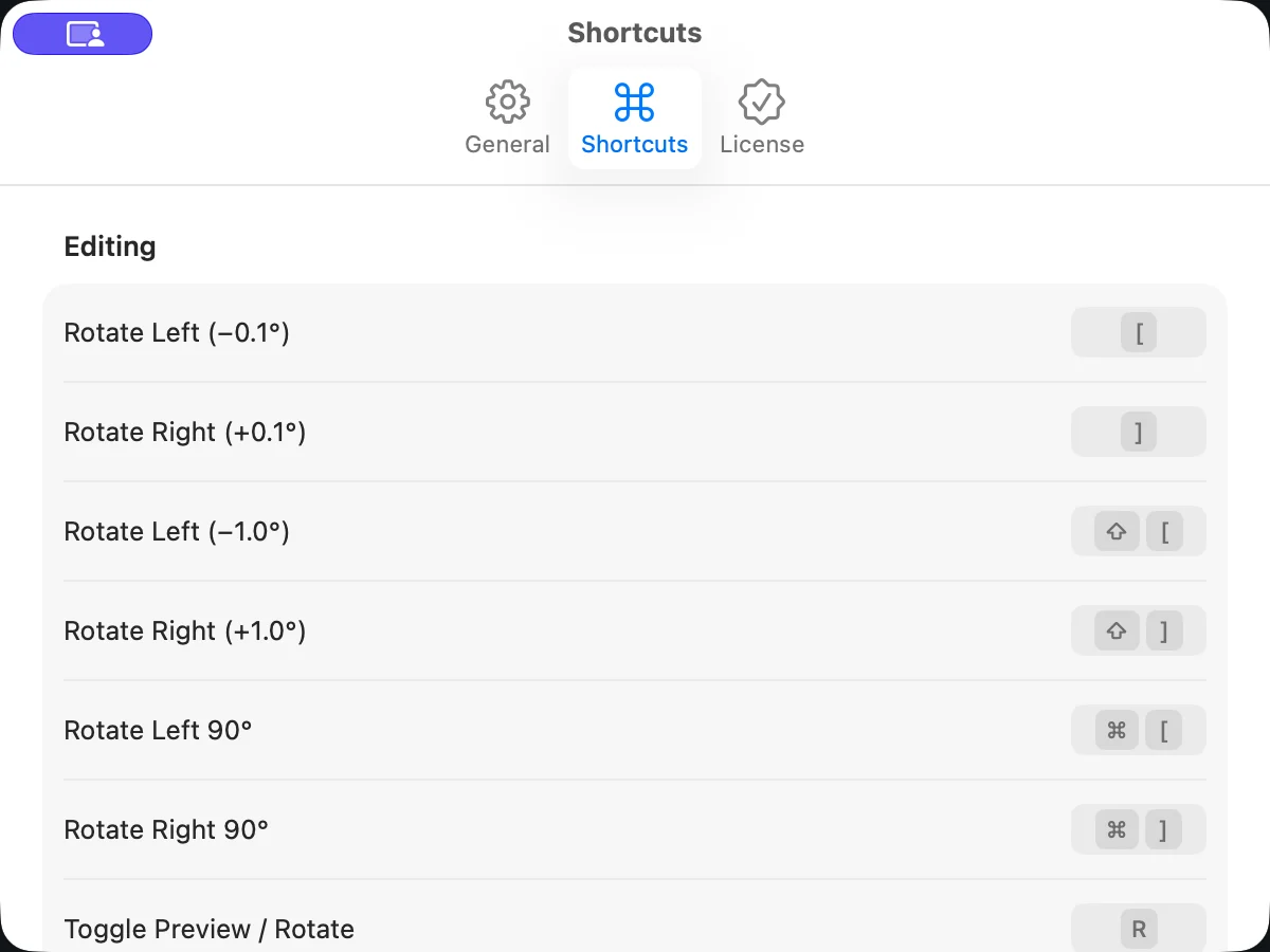Suihei shortcut settings window.
