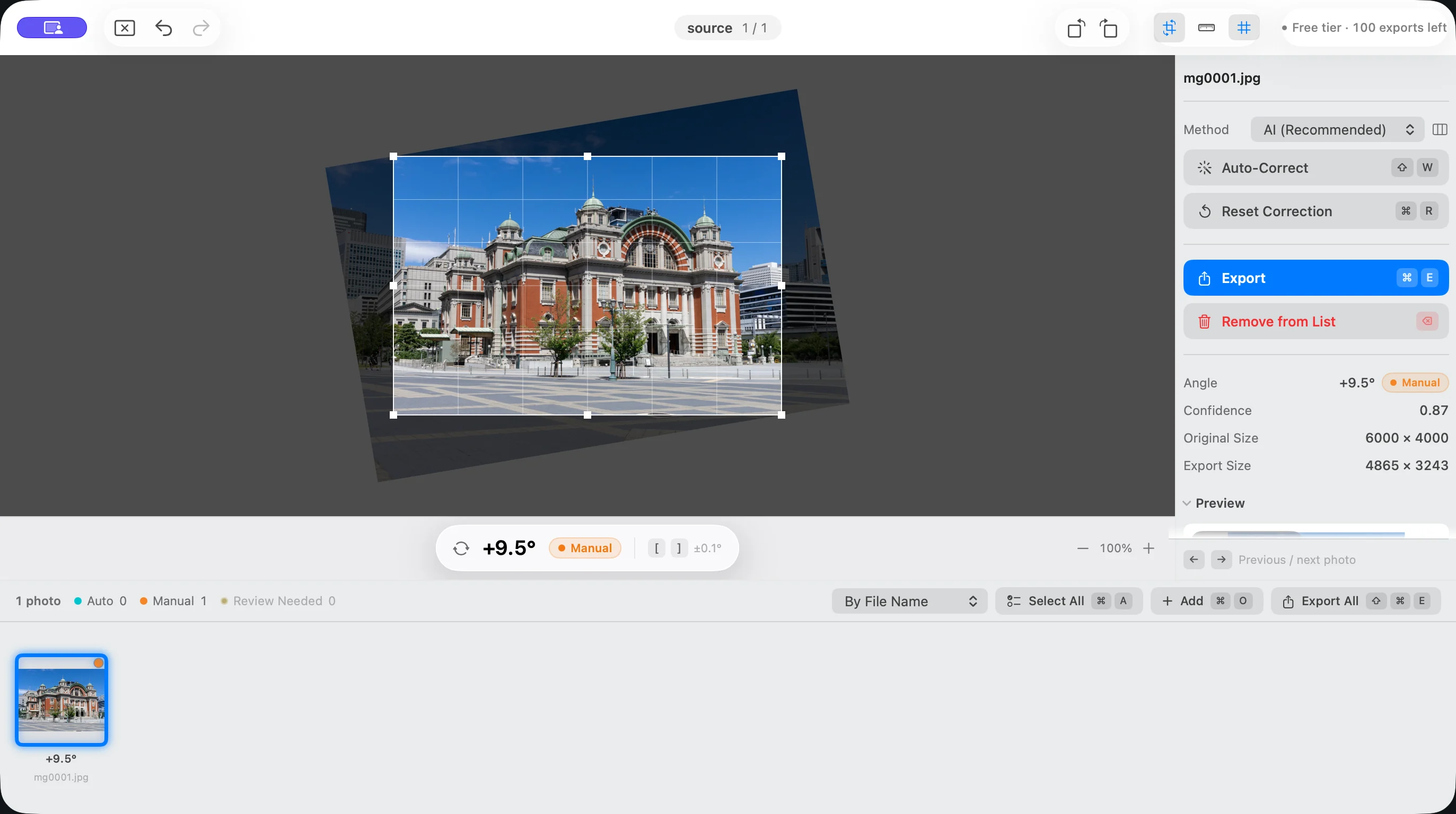 Suihei showing a real photograph after a 0.1-degree manual adjustment.